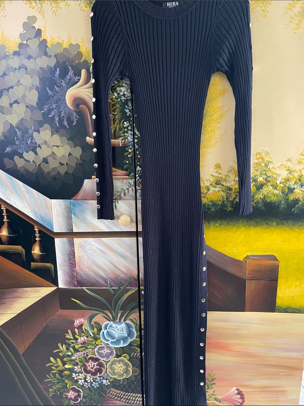Hera Collection Black Ribbed Maxi Dress with Side Pearl Buttons